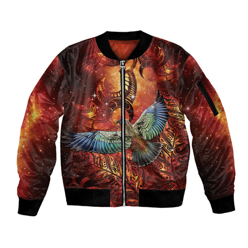 New Zealand Kea Bird Matariki Personalised Sleeve Zip Bomber Jacket Silver Fern Maori Pattern