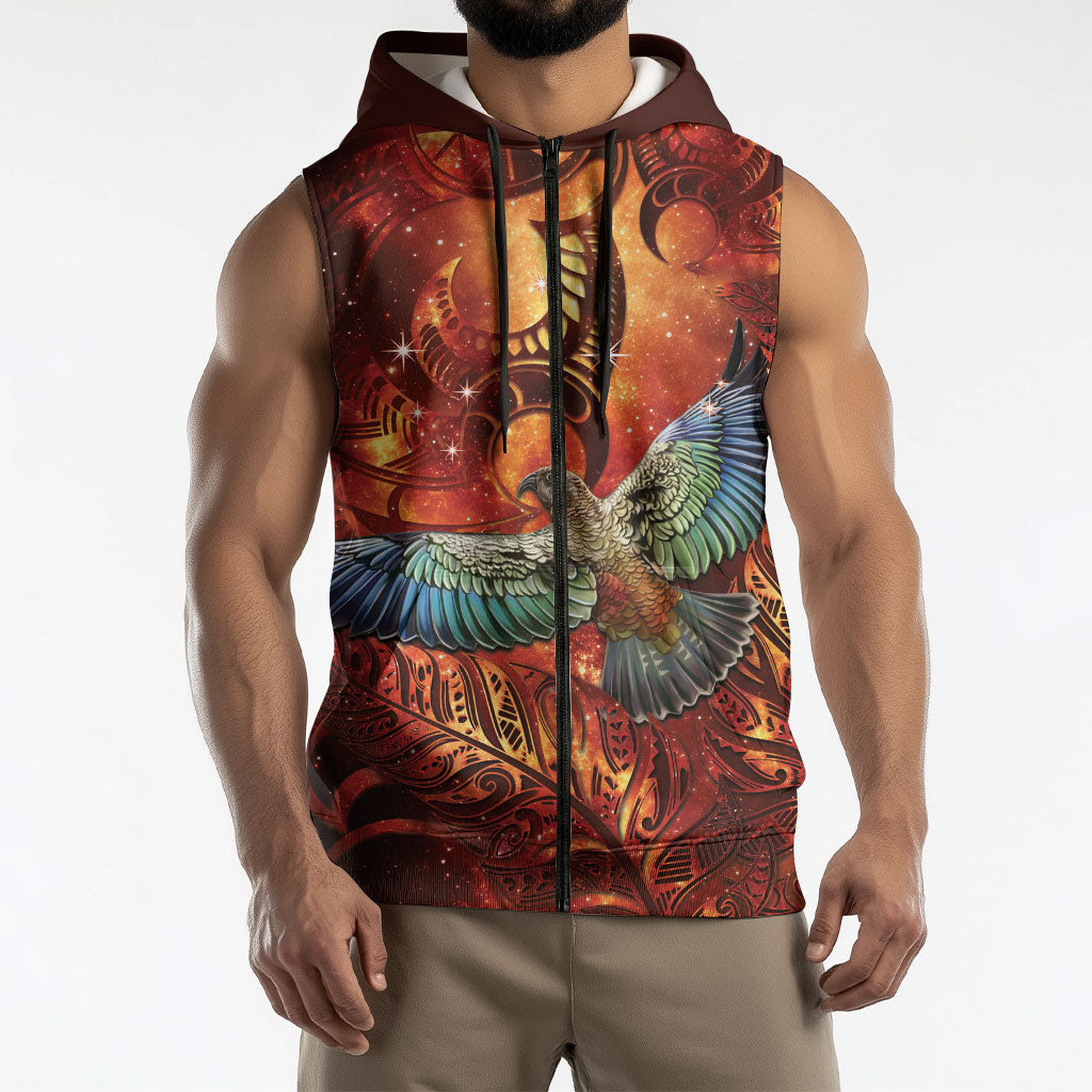 New Zealand Kea Bird Matariki Personalised Sleeveless Zip Hoodie Silver Fern Maori Pattern