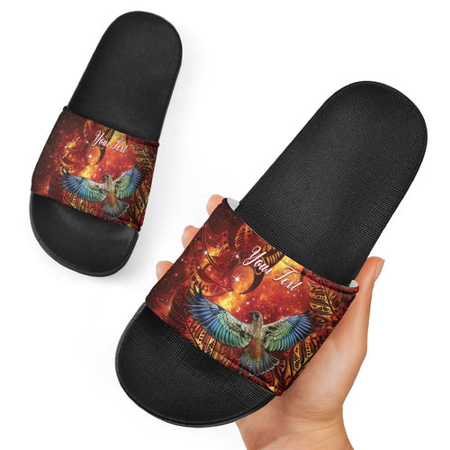 New Zealand Kea Bird Matariki Personalised Slide Sandals Silver Fern Maori Pattern