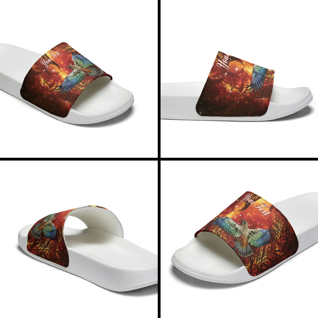 New Zealand Kea Bird Matariki Personalised Slide Sandals Silver Fern Maori Pattern