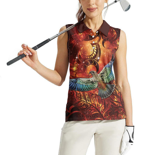New Zealand Kea Bird Matariki Personalised Women Sleeveless Polo Shirt Silver Fern Maori Pattern