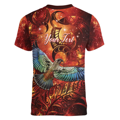 New Zealand Kea Bird Matariki Personalised Women V-Neck T-Shirt Silver Fern Maori Pattern