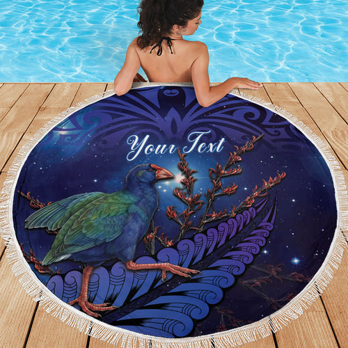Takahe New Zealand Personalised Beach Blanket Harakeke Silver Fern Maori Pattern
