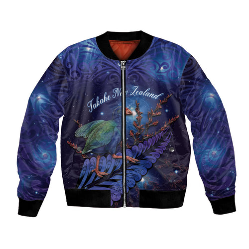 Takahe New Zealand Personalised Bomber Jacket Harakeke Silver Fern Maori Pattern