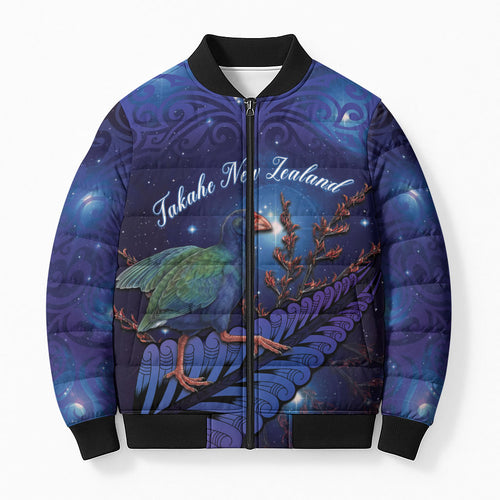 Takahe New Zealand Personalised Bomber Puffer Jacket Harakeke Silver Fern Maori Pattern