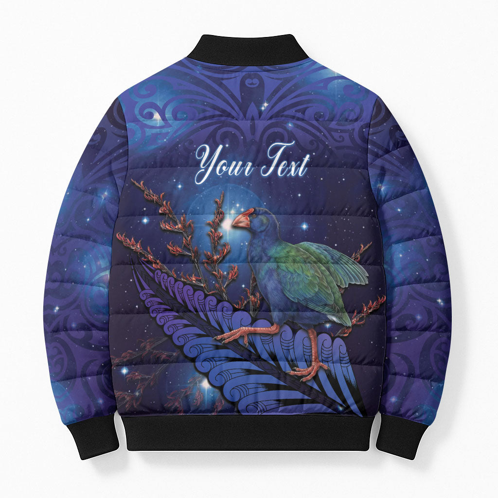 Takahe New Zealand Personalised Bomber Puffer Jacket Harakeke Silver Fern Maori Pattern