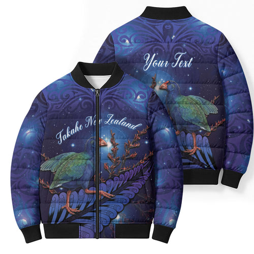 Takahe New Zealand Personalised Bomber Puffer Jacket Harakeke Silver Fern Maori Pattern