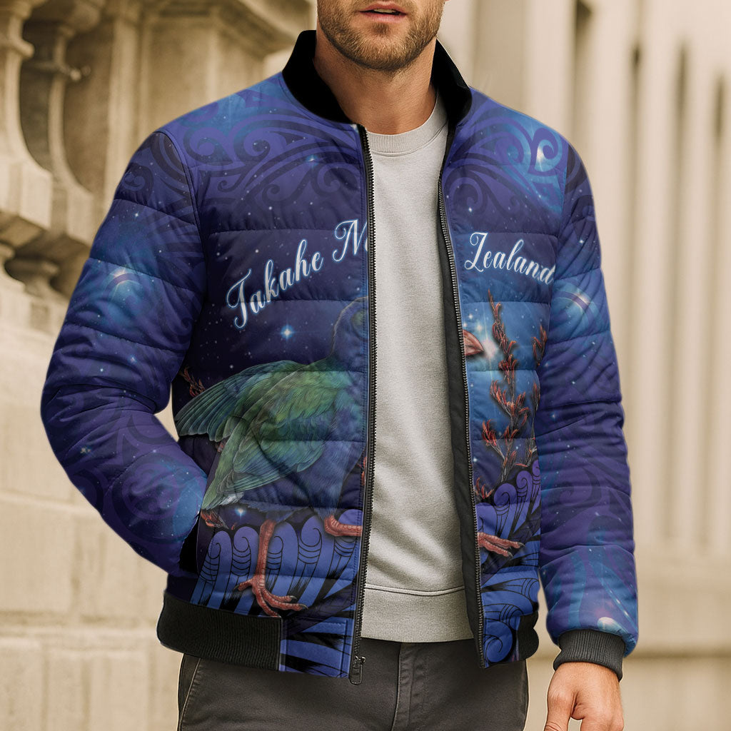 Takahe New Zealand Personalised Bomber Puffer Jacket Harakeke Silver Fern Maori Pattern