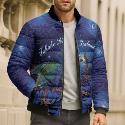 Takahe New Zealand Personalised Bomber Puffer Jacket Harakeke Silver Fern Maori Pattern