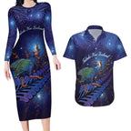 Takahe New Zealand Personalised Couples Matching Long Sleeve Bodycon Dress and Hawaiian Shirt Harakeke Silver Fern Maori Pattern