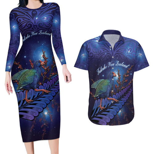 Takahe New Zealand Personalised Couples Matching Long Sleeve Bodycon Dress and Hawaiian Shirt Harakeke Silver Fern Maori Pattern