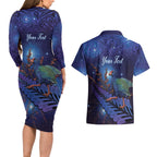 Takahe New Zealand Personalised Couples Matching Long Sleeve Bodycon Dress and Hawaiian Shirt Harakeke Silver Fern Maori Pattern