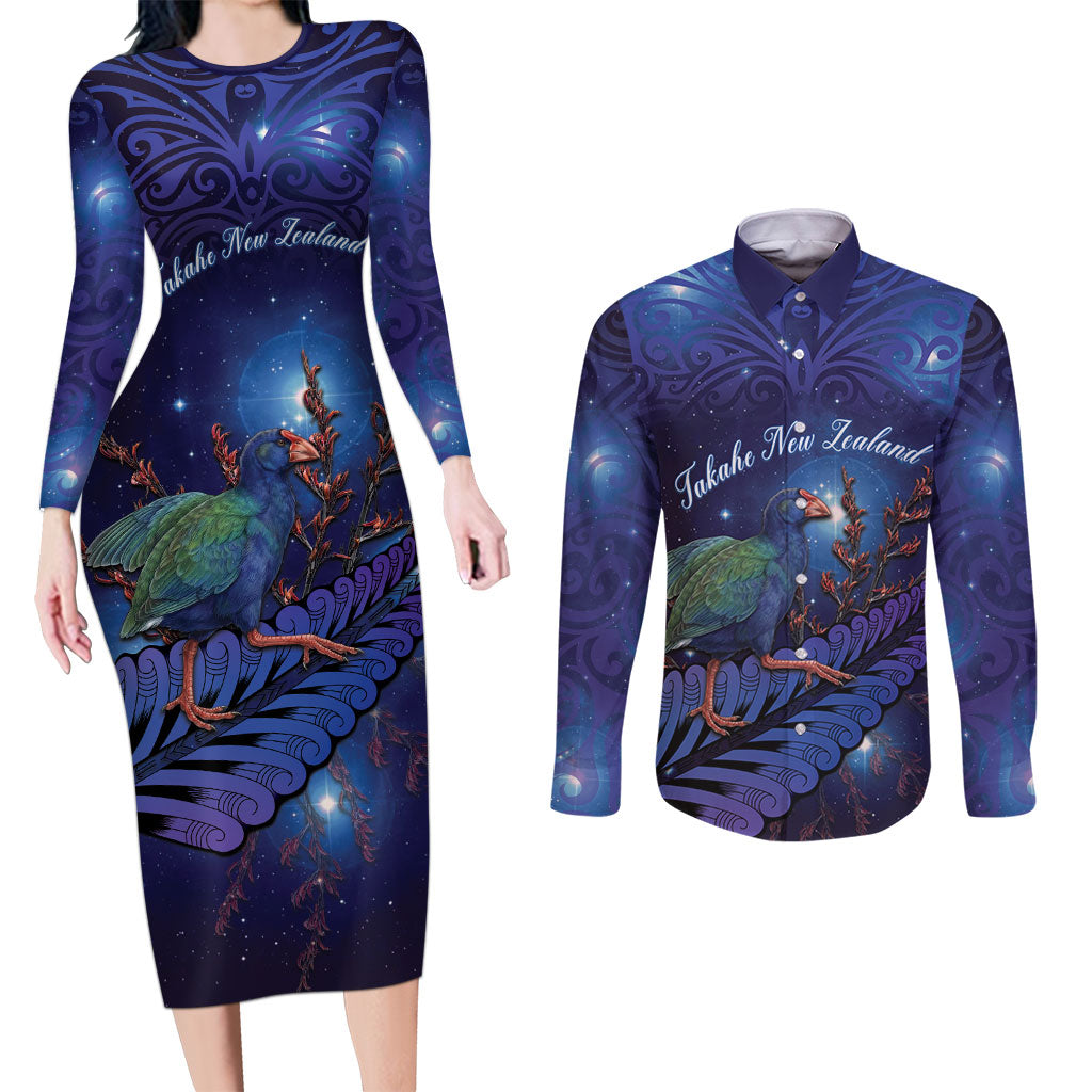 Takahe New Zealand Personalised Couples Matching Long Sleeve Bodycon Dress and Long Sleeve Button Shirt Harakeke Silver Fern Maori Pattern
