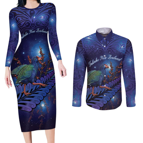Takahe New Zealand Personalised Couples Matching Long Sleeve Bodycon Dress and Long Sleeve Button Shirt Harakeke Silver Fern Maori Pattern
