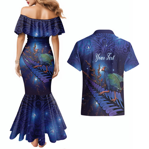 Takahe New Zealand Personalised Couples Matching Mermaid Dress and Hawaiian Shirt Harakeke Silver Fern Maori Pattern