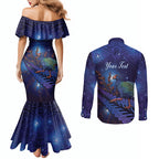 Takahe New Zealand Personalised Couples Matching Mermaid Dress and Long Sleeve Button Shirt Harakeke Silver Fern Maori Pattern