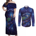 Takahe New Zealand Personalised Couples Matching Off Shoulder Maxi Dress and Long Sleeve Button Shirt Harakeke Silver Fern Maori Pattern