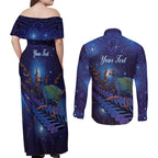 Takahe New Zealand Personalised Couples Matching Off Shoulder Maxi Dress and Long Sleeve Button Shirt Harakeke Silver Fern Maori Pattern