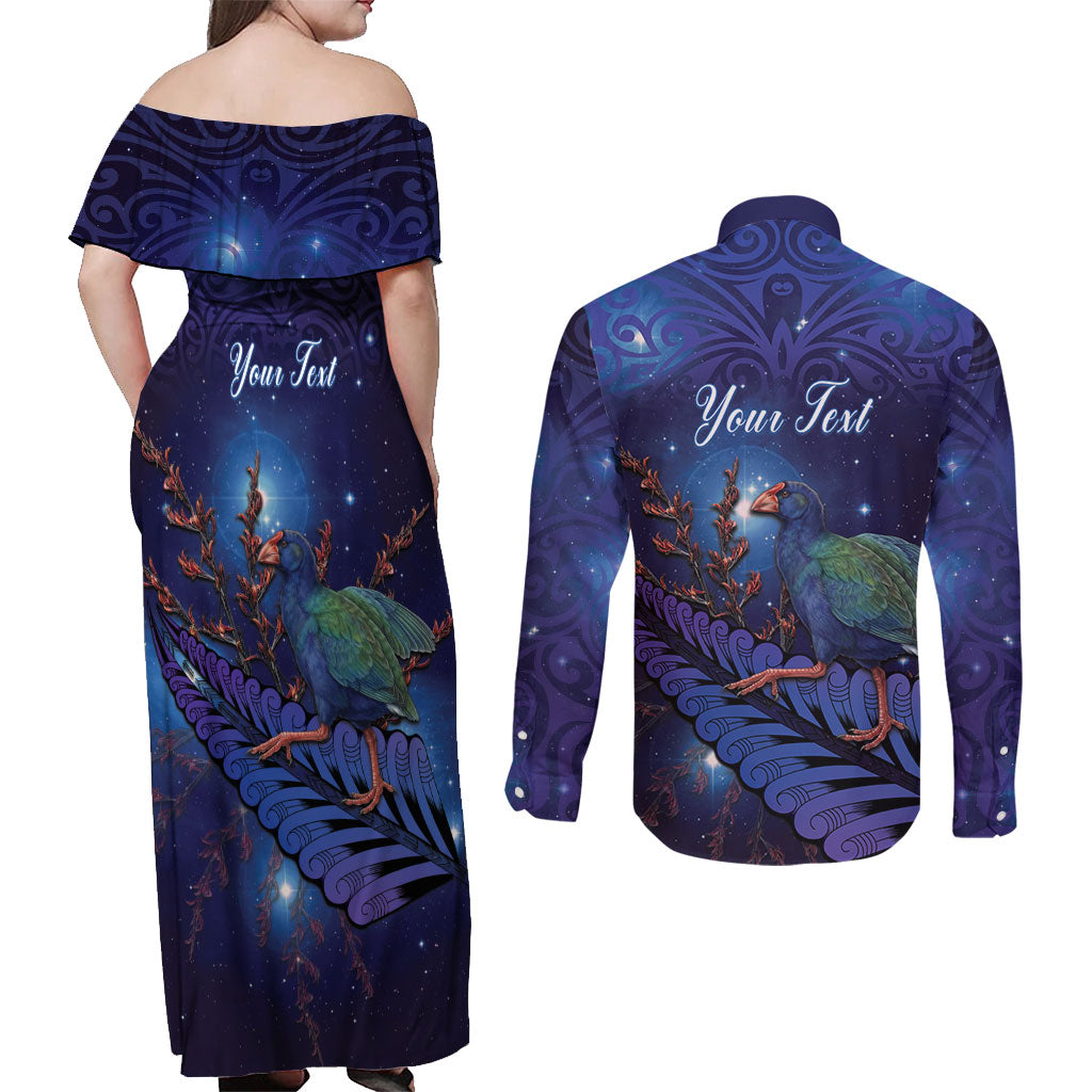 Takahe New Zealand Personalised Couples Matching Off Shoulder Maxi Dress and Long Sleeve Button Shirt Harakeke Silver Fern Maori Pattern