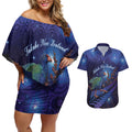 Takahe New Zealand Personalised Couples Matching Off Shoulder Short Dress and Hawaiian Shirt Harakeke Silver Fern Maori Pattern