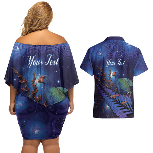 Takahe New Zealand Personalised Couples Matching Off Shoulder Short Dress and Hawaiian Shirt Harakeke Silver Fern Maori Pattern