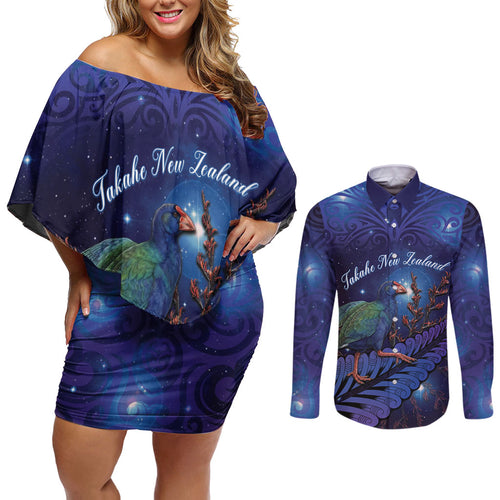 Takahe New Zealand Personalised Couples Matching Off Shoulder Short Dress and Long Sleeve Button Shirt Harakeke Silver Fern Maori Pattern