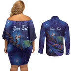 Takahe New Zealand Personalised Couples Matching Off Shoulder Short Dress and Long Sleeve Button Shirt Harakeke Silver Fern Maori Pattern
