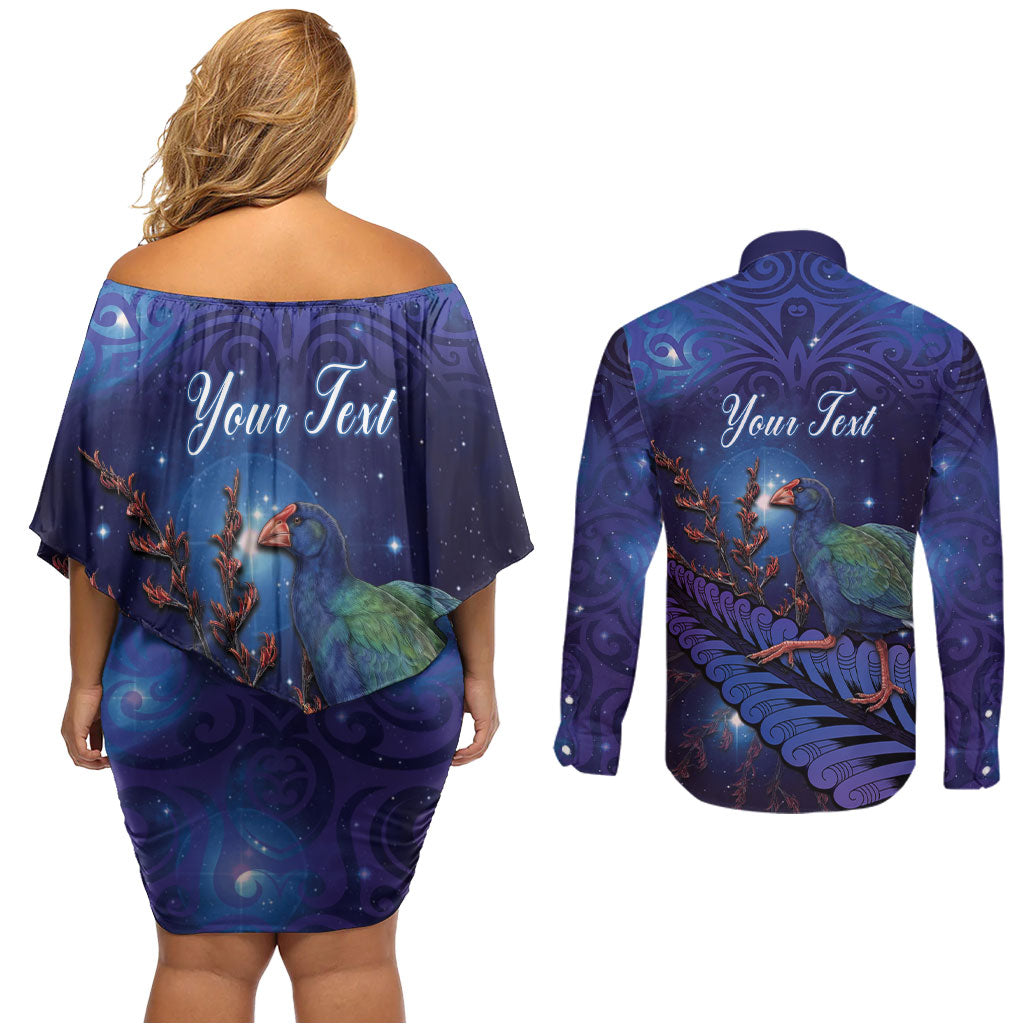 Takahe New Zealand Personalised Couples Matching Off Shoulder Short Dress and Long Sleeve Button Shirt Harakeke Silver Fern Maori Pattern
