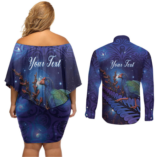 Takahe New Zealand Personalised Couples Matching Off Shoulder Short Dress and Long Sleeve Button Shirt Harakeke Silver Fern Maori Pattern
