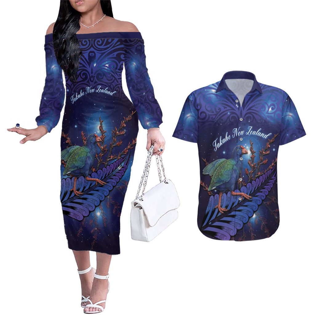 Takahe New Zealand Personalised Couples Matching Off The Shoulder Long Sleeve Dress and Hawaiian Shirt Harakeke Silver Fern Maori Pattern