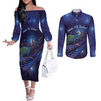 Takahe New Zealand Personalised Couples Matching Off The Shoulder Long Sleeve Dress and Long Sleeve Button Shirt Harakeke Silver Fern Maori Pattern