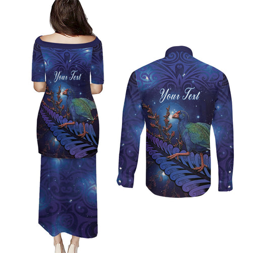 Takahe New Zealand Personalised Couples Matching Puletasi and Long Sleeve Button Shirt Harakeke Silver Fern Maori Pattern