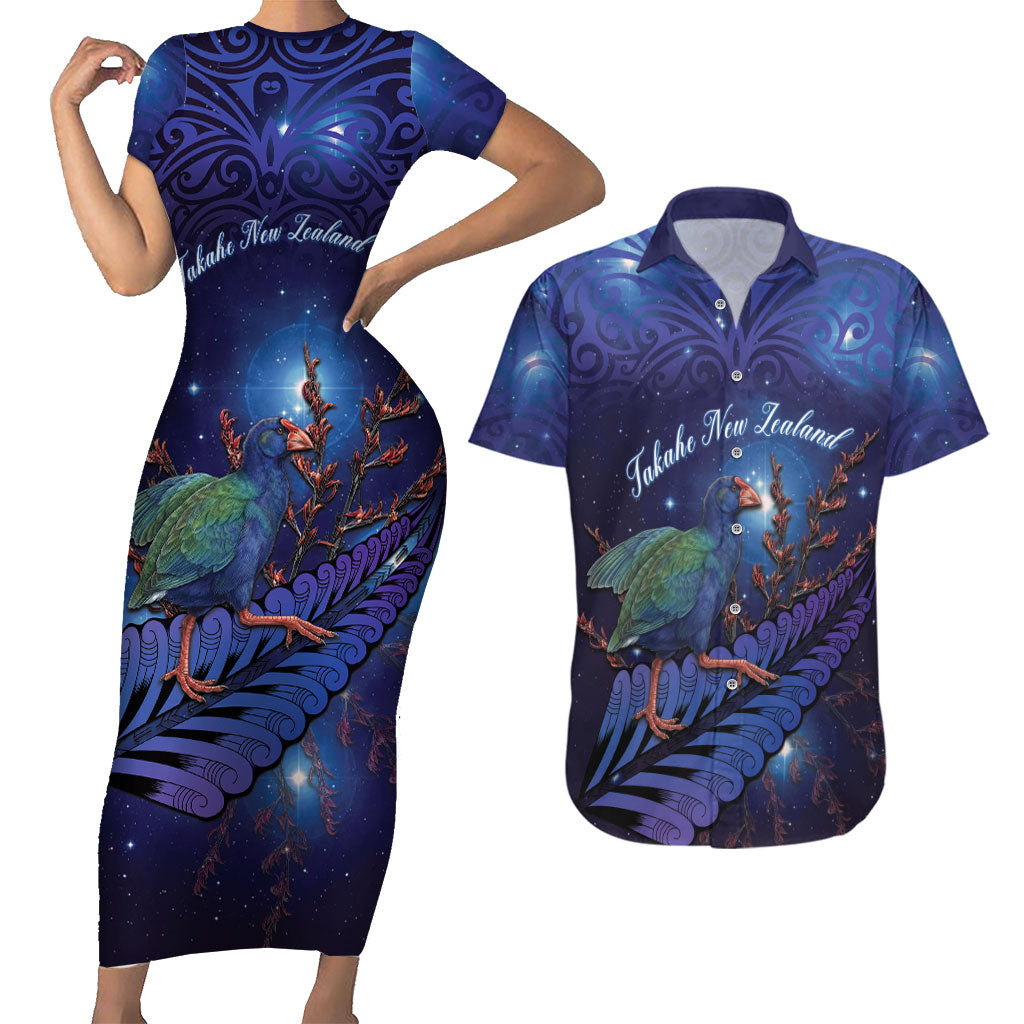Takahe New Zealand Personalised Couples Matching Short Sleeve Bodycon Dress and Hawaiian Shirt Harakeke Silver Fern Maori Pattern