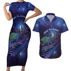 Takahe New Zealand Personalised Couples Matching Short Sleeve Bodycon Dress and Hawaiian Shirt Harakeke Silver Fern Maori Pattern