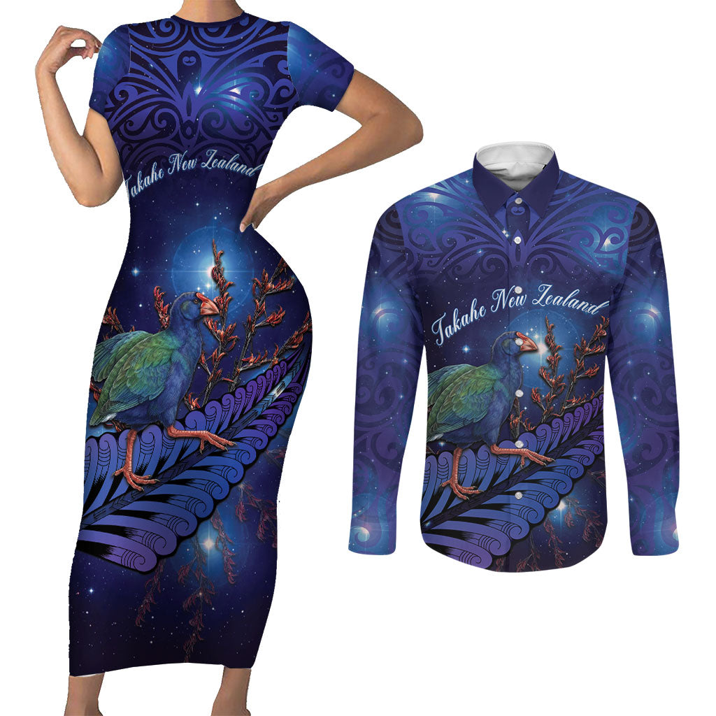 Takahe New Zealand Personalised Couples Matching Short Sleeve Bodycon Dress and Long Sleeve Button Shirt Harakeke Silver Fern Maori Pattern