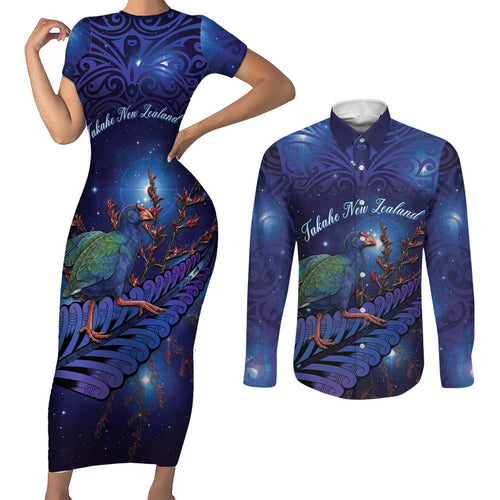 Takahe New Zealand Personalised Couples Matching Short Sleeve Bodycon Dress and Long Sleeve Button Shirt Harakeke Silver Fern Maori Pattern