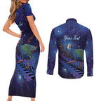 Takahe New Zealand Personalised Couples Matching Short Sleeve Bodycon Dress and Long Sleeve Button Shirt Harakeke Silver Fern Maori Pattern