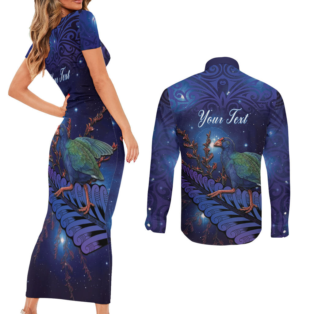 Takahe New Zealand Personalised Couples Matching Short Sleeve Bodycon Dress and Long Sleeve Button Shirt Harakeke Silver Fern Maori Pattern