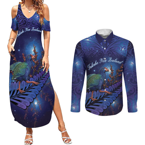 Takahe New Zealand Personalised Couples Matching Summer Maxi Dress and Long Sleeve Button Shirt Harakeke Silver Fern Maori Pattern