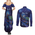 Takahe New Zealand Personalised Couples Matching Summer Maxi Dress and Long Sleeve Button Shirt Harakeke Silver Fern Maori Pattern