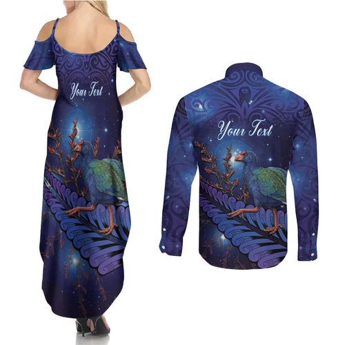 Takahe New Zealand Personalised Couples Matching Summer Maxi Dress and Long Sleeve Button Shirt Harakeke Silver Fern Maori Pattern