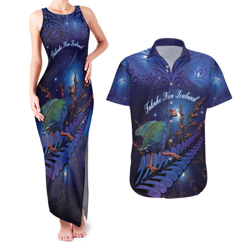 Takahe New Zealand Personalised Couples Matching Tank Maxi Dress and Hawaiian Shirt Harakeke Silver Fern Maori Pattern