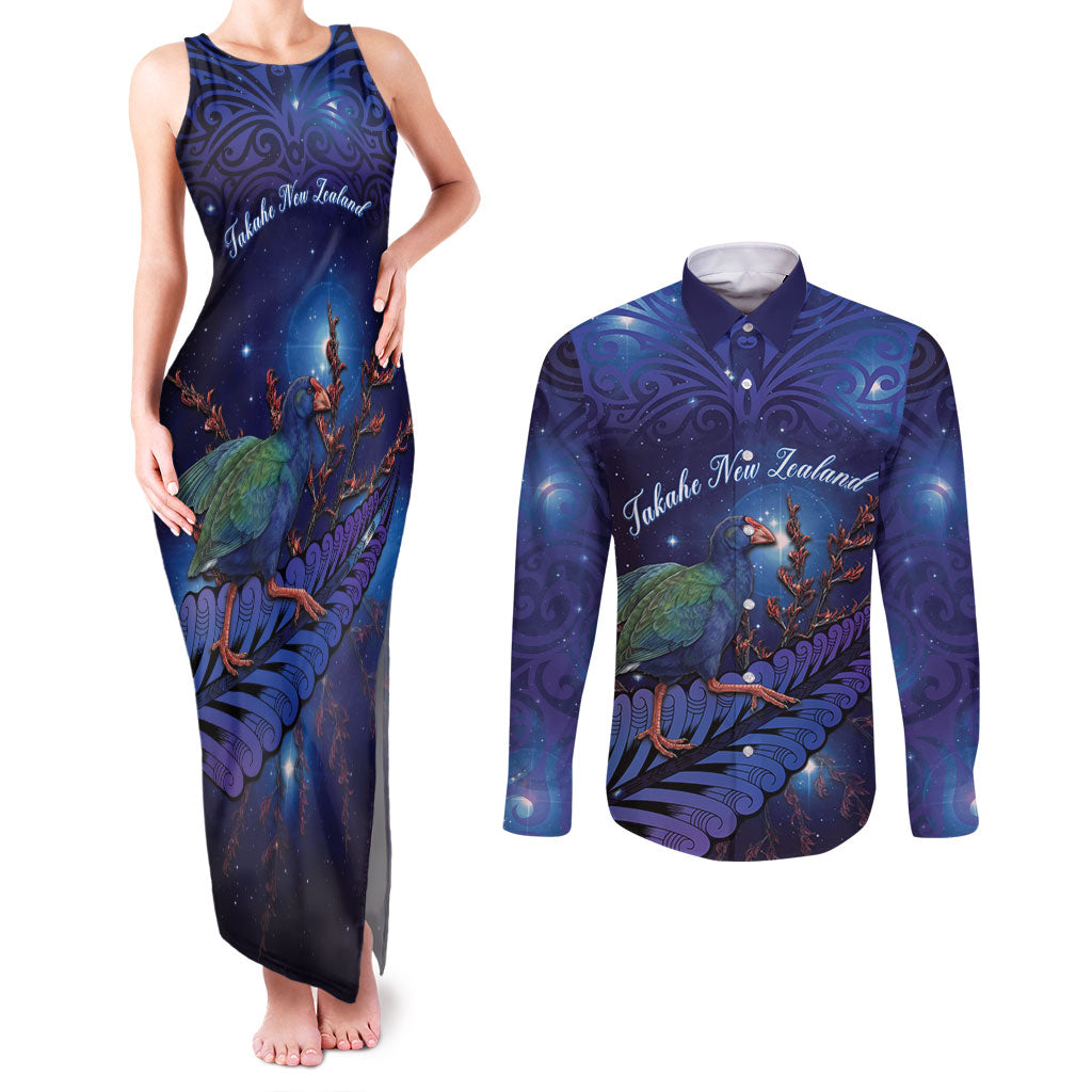 Takahe New Zealand Personalised Couples Matching Tank Maxi Dress and Long Sleeve Button Shirt Harakeke Silver Fern Maori Pattern