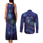 Takahe New Zealand Personalised Couples Matching Tank Maxi Dress and Long Sleeve Button Shirt Harakeke Silver Fern Maori Pattern