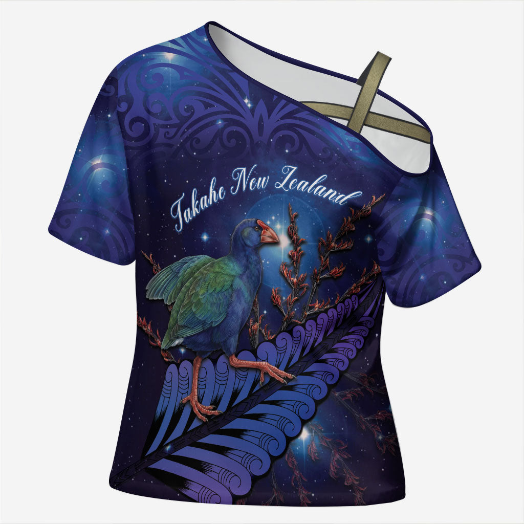 Takahe New Zealand Personalised Cross Shoulder Shirt Harakeke Silver Fern Maori Pattern