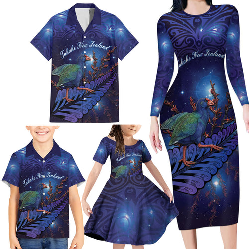 Takahe New Zealand Personalised Family Matching Long Sleeve Bodycon Dress and Hawaiian Shirt Harakeke Silver Fern Maori Pattern