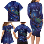 Takahe New Zealand Personalised Family Matching Long Sleeve Bodycon Dress and Hawaiian Shirt Harakeke Silver Fern Maori Pattern