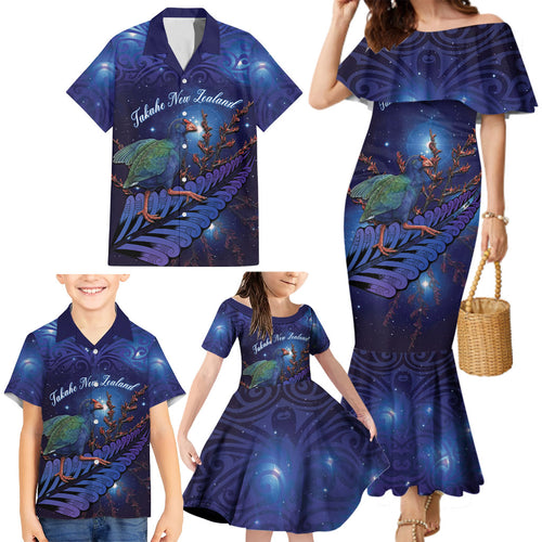 Takahe New Zealand Personalised Family Matching Mermaid Dress and Hawaiian Shirt Harakeke Silver Fern Maori Pattern