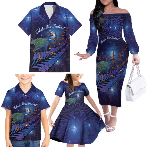 Takahe New Zealand Personalised Family Matching Off The Shoulder Long Sleeve Dress and Hawaiian Shirt Harakeke Silver Fern Maori Pattern