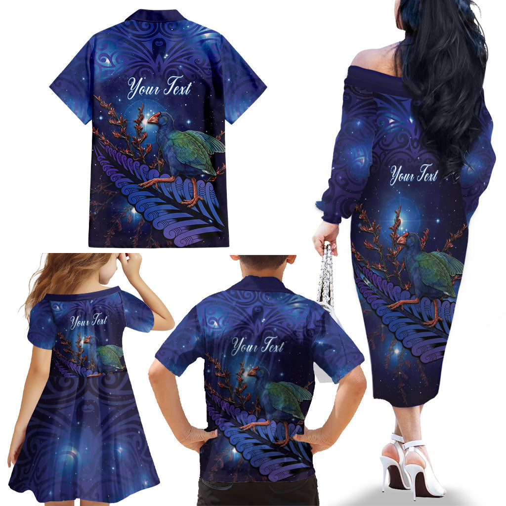 Takahe New Zealand Personalised Family Matching Off The Shoulder Long Sleeve Dress and Hawaiian Shirt Harakeke Silver Fern Maori Pattern